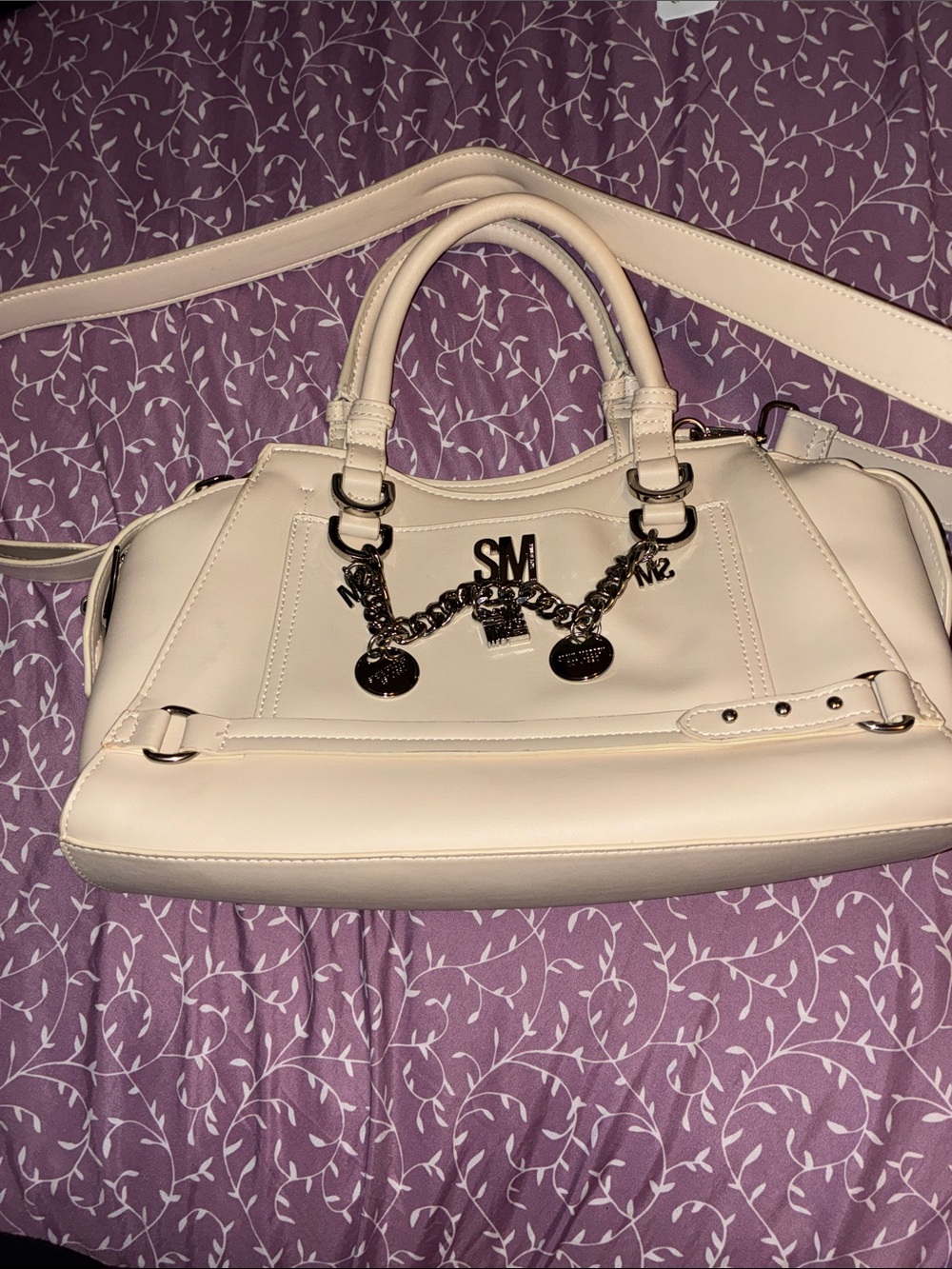 Steve Madden Cream Leather Satchel with Chain Charm